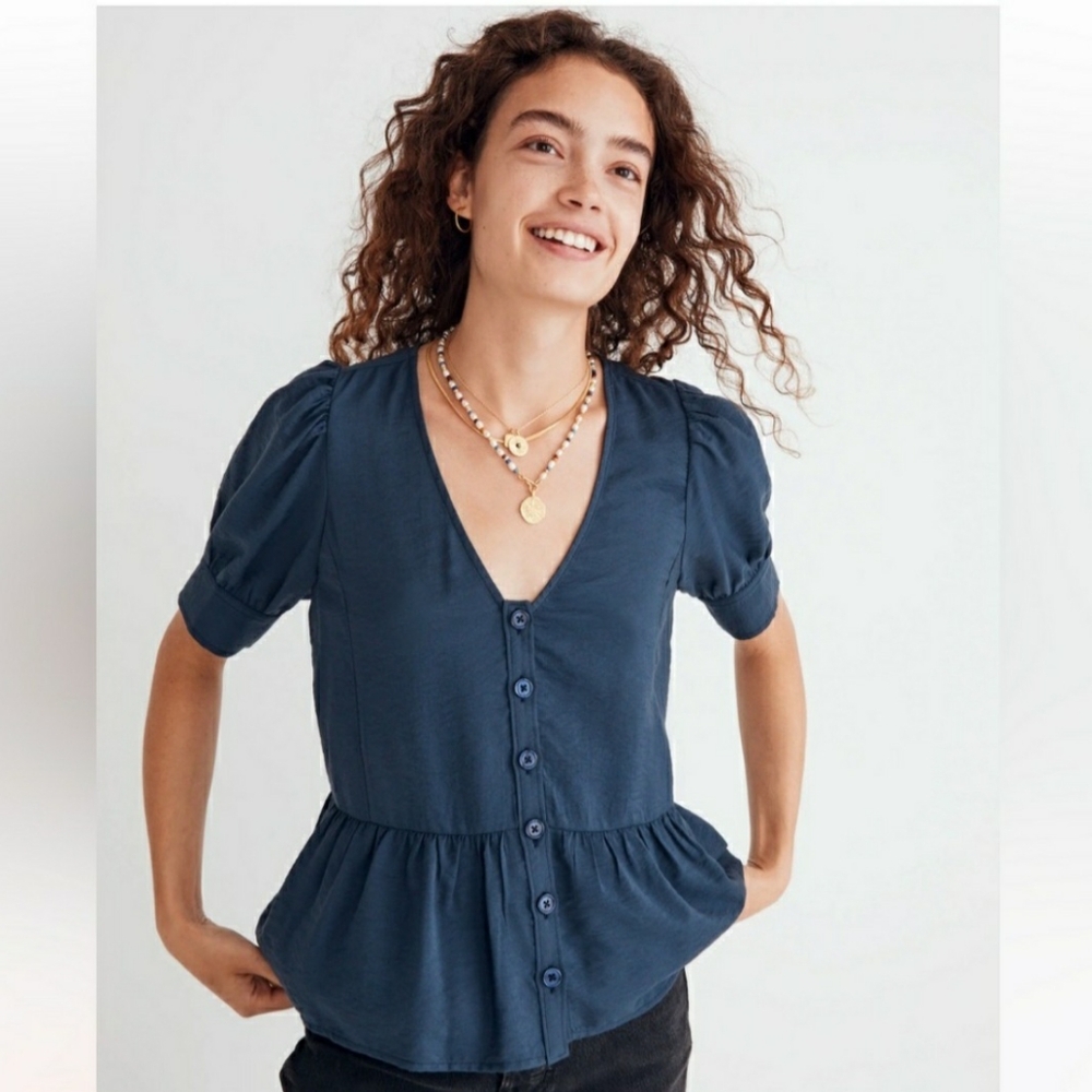 Blue Puff Sleeve Peplum Blouse